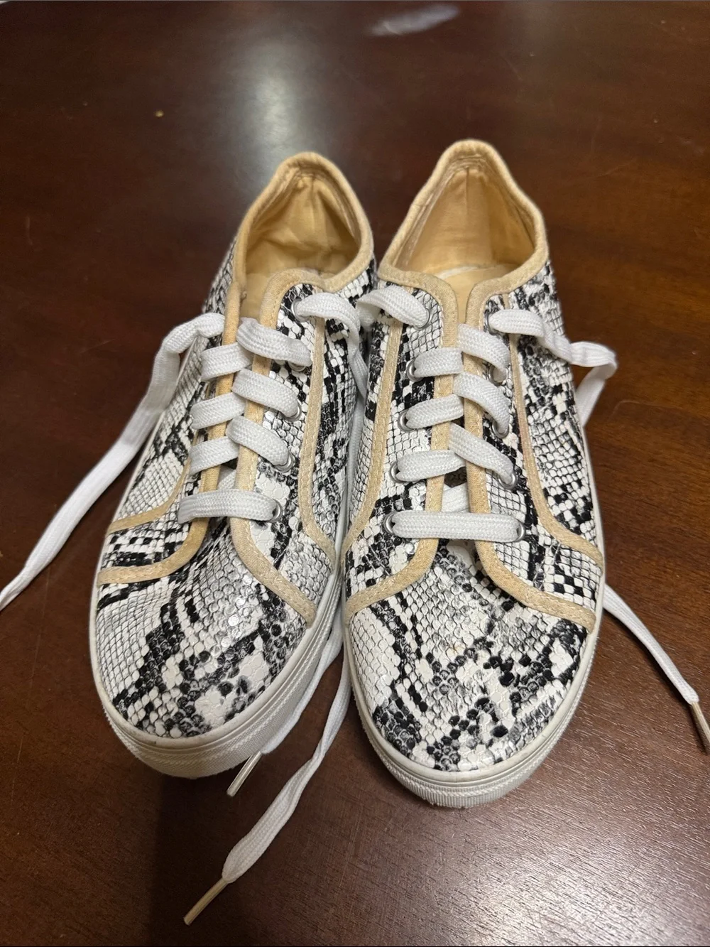 Women’s Snake-Print Lace-Up Sneakers in Black, White & Tan